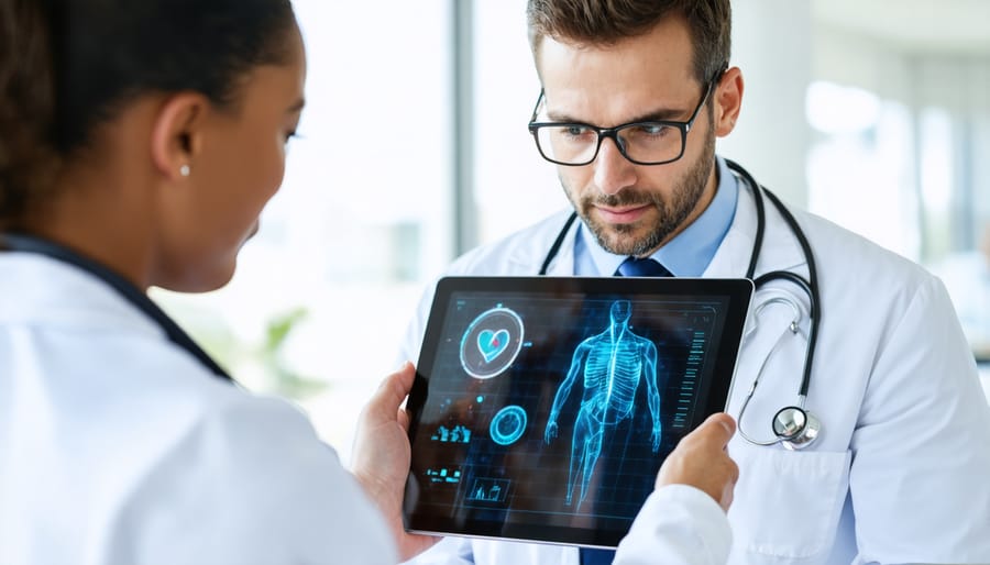 Healthcare professional and patient discussing wearable device data during consultation