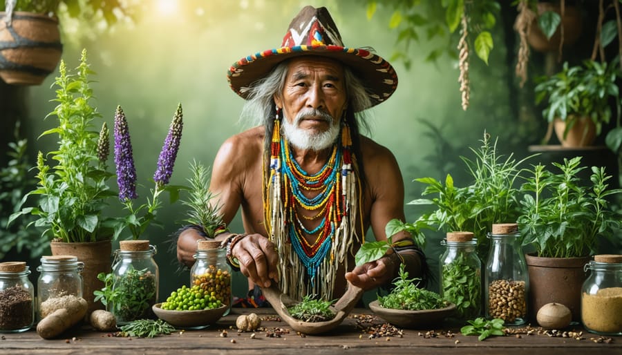 Indigenous elder demonstrating traditional healing plants to community members