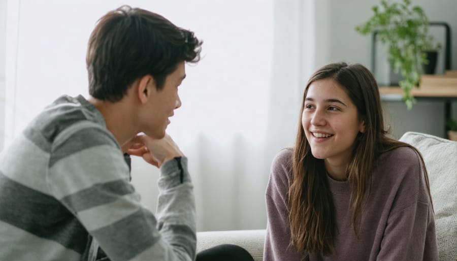 Parent and teen engaged in meaningful dialogue at home, showing active listening and support