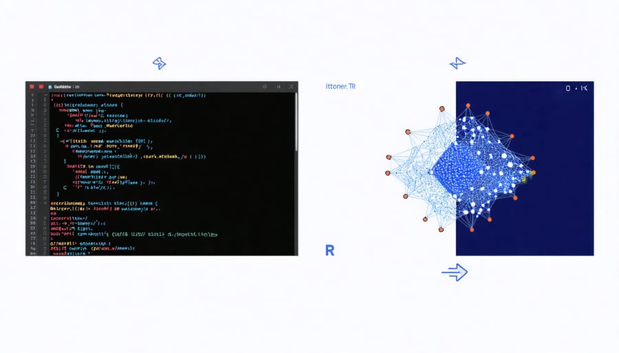 Side-by-side comparison of R programming code and resulting 3D protein-drug interaction visualization