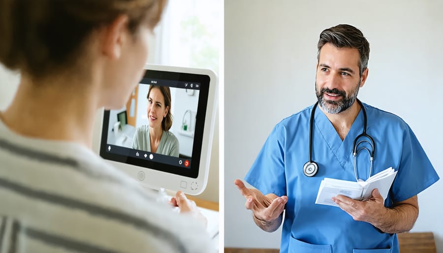 Patient engaging in remote health consultation while using monitoring equipment
