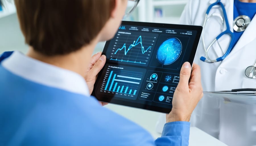 Healthcare provider and patient discussing health data from wearable device