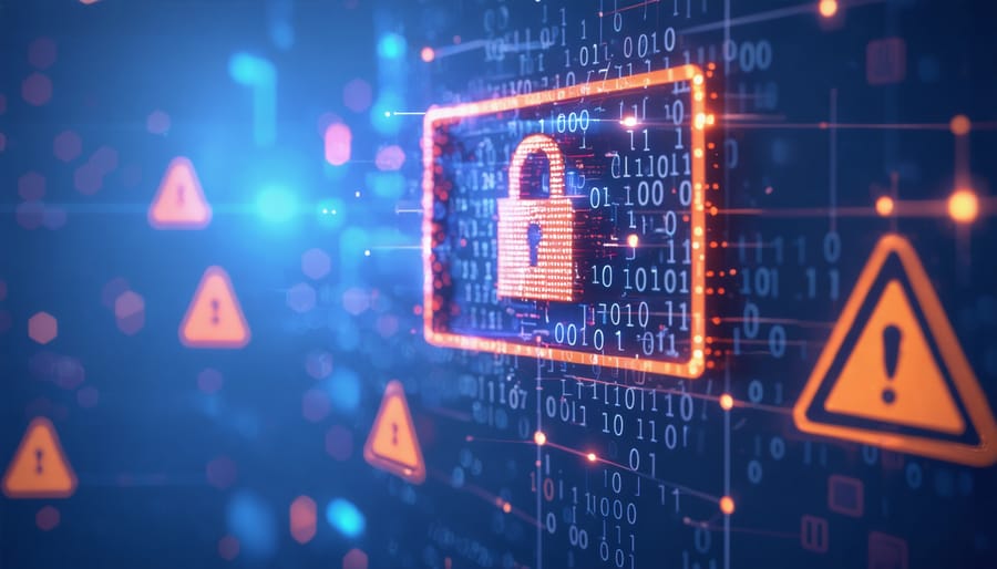 Illustration of a smart contract interface with security vulnerability warnings