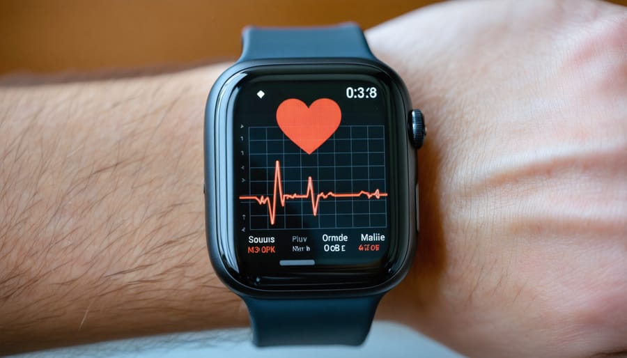 Smartwatch showing heart rate monitoring interface with ECG readout and health metrics