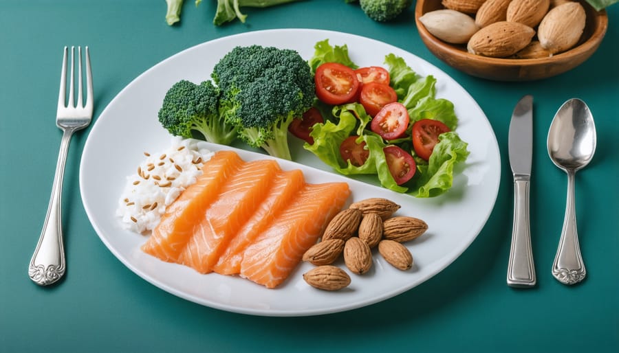Balanced meal with foods that support both thyroid function and healthy cholesterol levels
