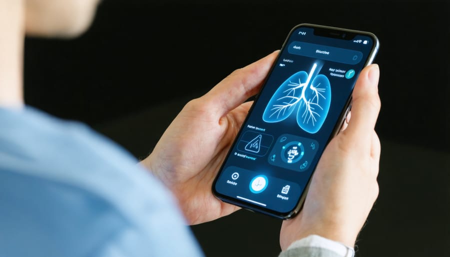 Individual analyzing personal health data collected from wearable biosensor on mobile application