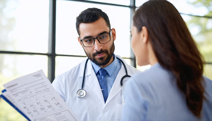 Care navigator helping patient organize medical appointments and paperwork