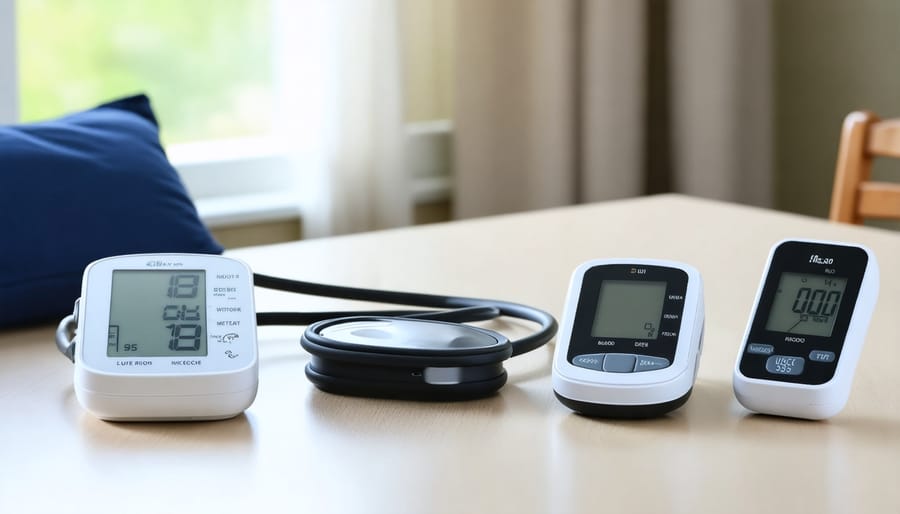 Various home health monitoring devices displayed with a smartphone showing health tracking app