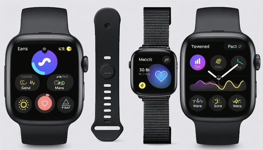 Various wearable health monitoring devices showing different health measurements and metrics