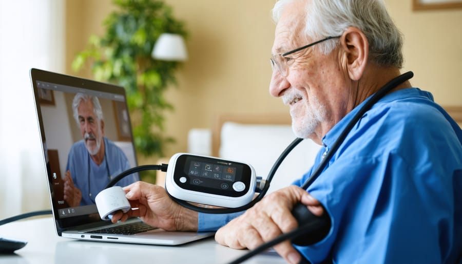 Elderly person using remote monitoring equipment while having virtual consultation with doctor