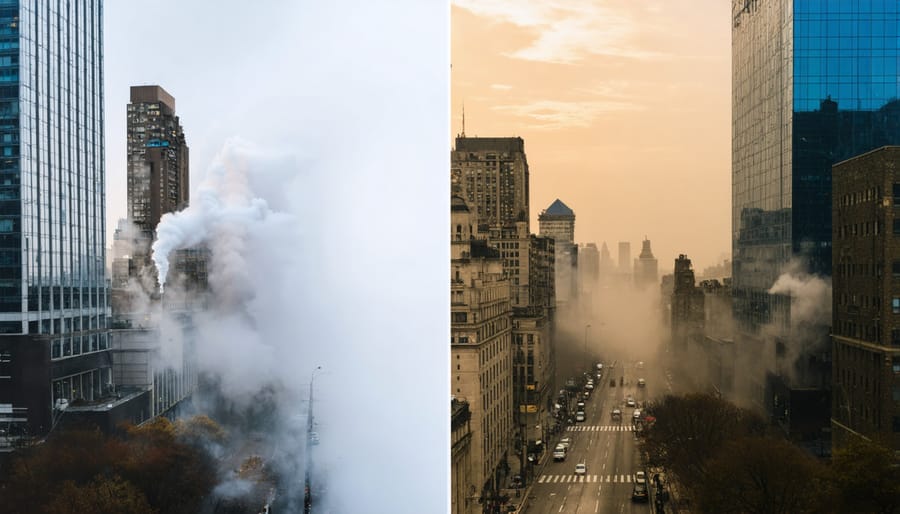 Side-by-side comparison of a city skyline on a clear day versus a smoggy day