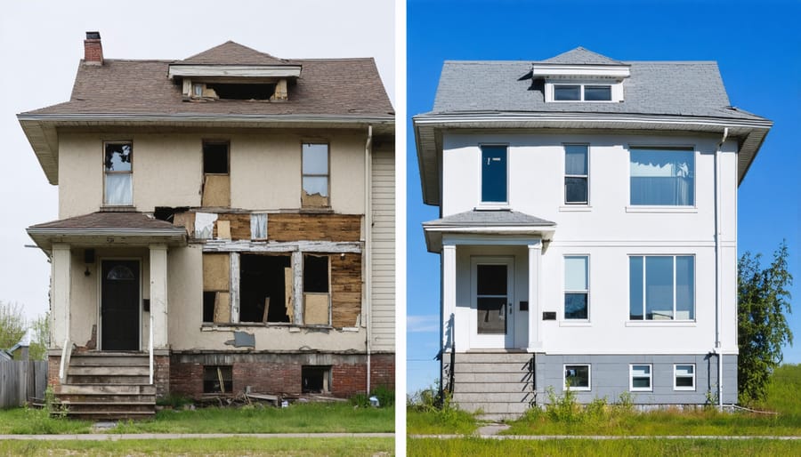 Side-by-side comparison of housing conditions in Alberta: a modern apartment building next to aging housing units