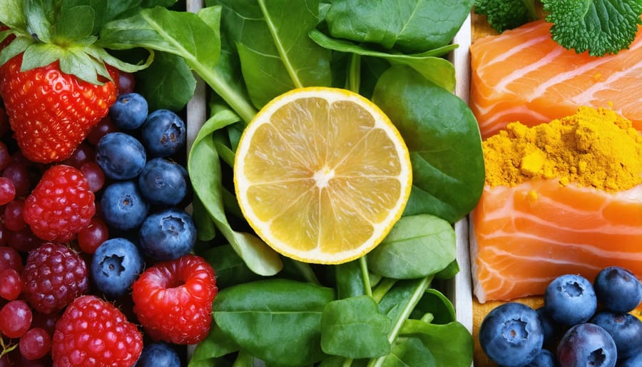 Collection of anti-inflammatory foods arranged on a wooden surface including berries, kale, turmeric, and salmon
