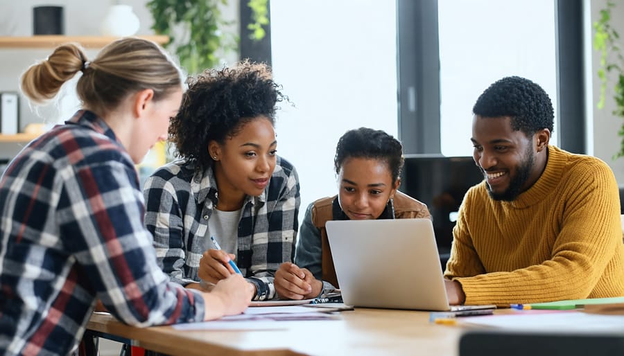 Community members meeting with housing support workers at a resource center in Alberta