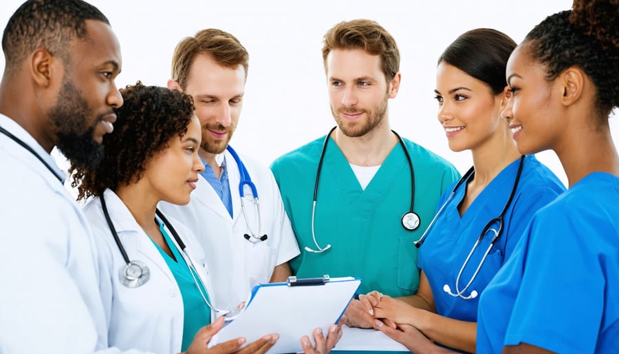 Multi-ethnic team of doctors and nurses discussing patient care around a table
