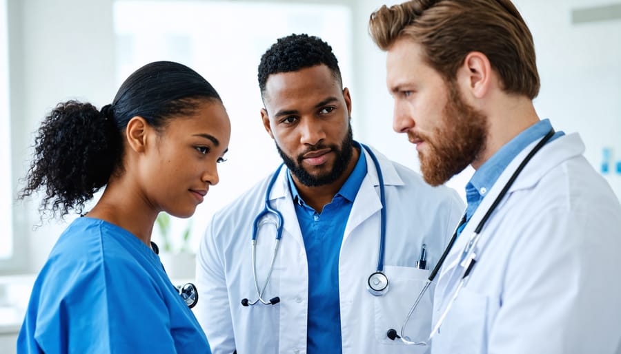 Multi-ethnic team of doctors and nurses discussing patient care