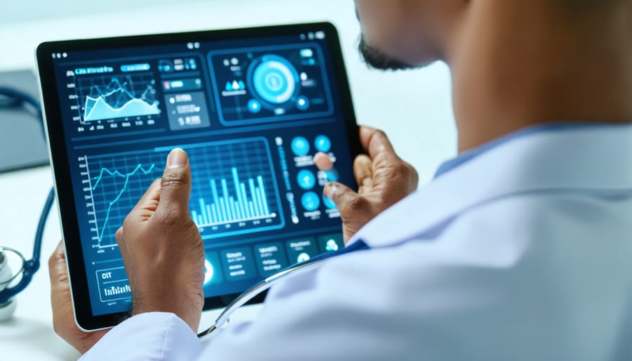 Doctor analyzing patient health data from IoT devices on digital dashboard