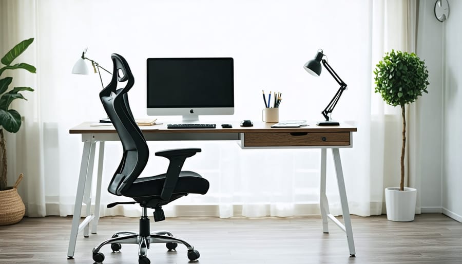 Ergonomic home office workspace with adjustable chair, monitor at eye level, and natural lighting