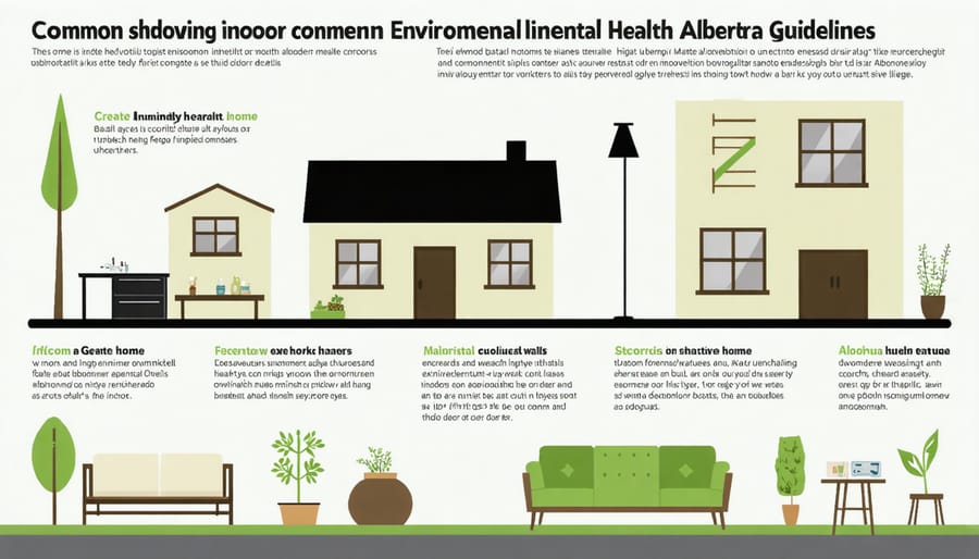 Cutaway illustration of a house highlighting indoor air pollutants, mold spots, and ventilation issues