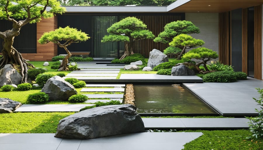 Indoor zen garden featuring a small fountain, plants, and mindful design elements