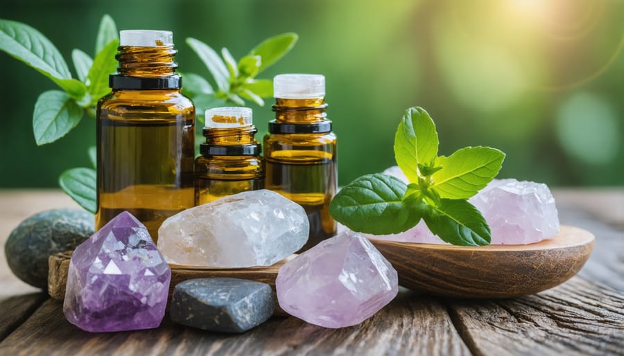 Collection of holistic healing tools including herbs, aromatherapy oils, and meditation accessories