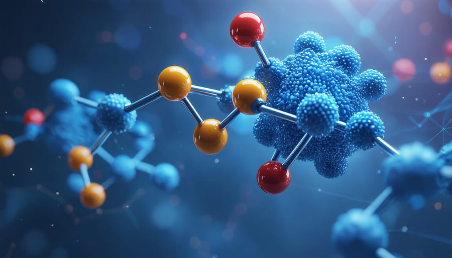 3D molecular structure showing drug-protein interaction with quantum computing overlay
