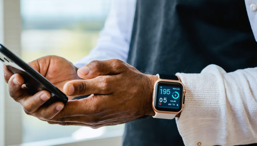 Individual wearing various wearable health devices while viewing health metrics on a mobile app