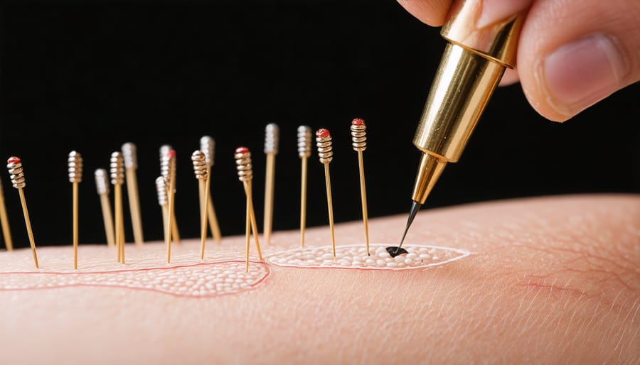 Microscopic view of acupuncture needle interaction with skin tissue and nerve endings