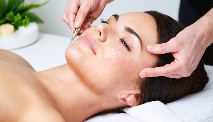 Licensed acupuncturist performing treatment on a patient in a clean, professional clinic environment