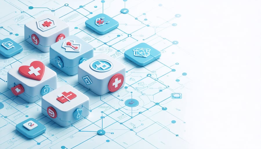 Secure medical data blockchain network with protective shield icon