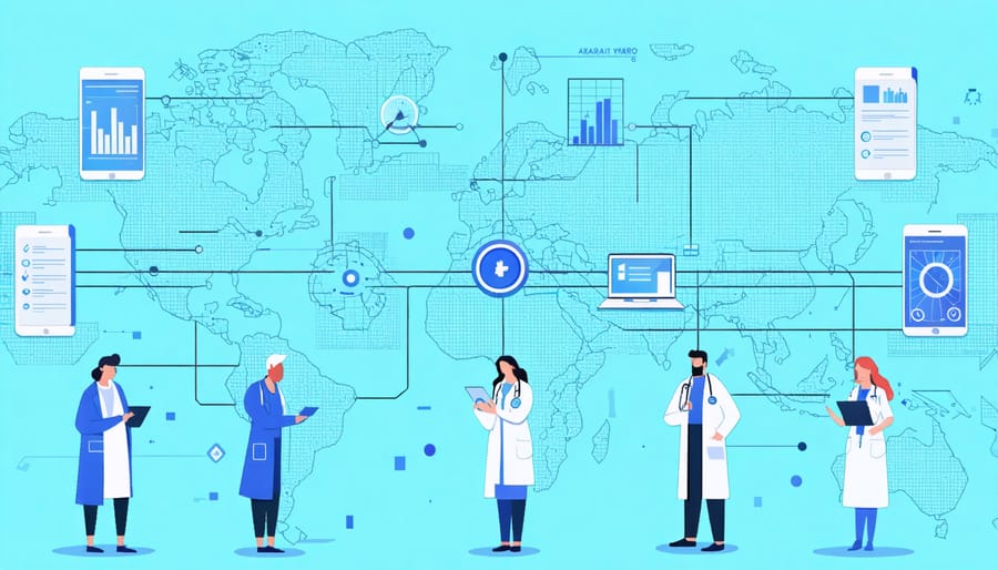 Connected healthcare providers sharing patient data securely through blockchain