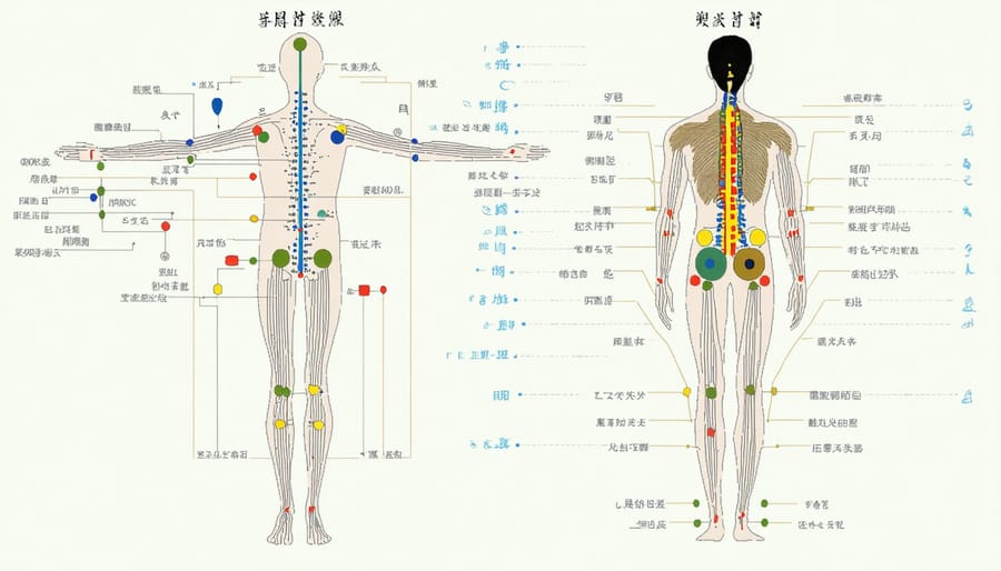 Detailed anatomical diagram showing meridian lines and acupuncture points mapped on a human figure