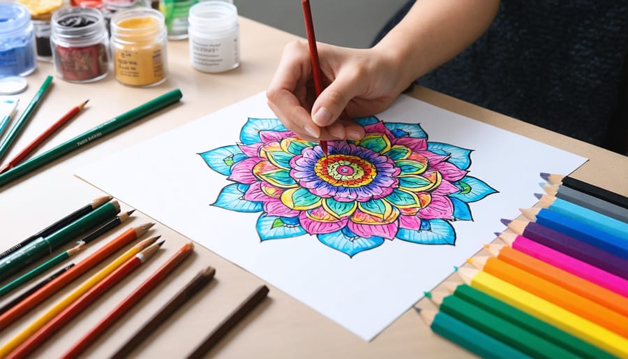 Individual peacefully drawing a detailed mandala pattern using colored markers and pencils