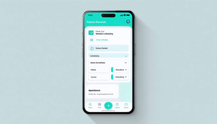 Smartphone screen showing healthcare patient portal with medical records and scheduling options