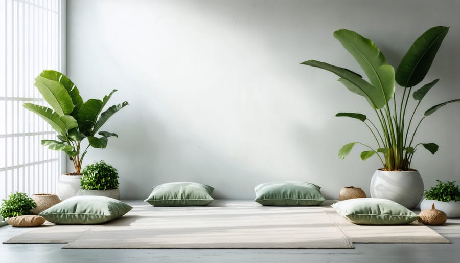 Peaceful home meditation corner with meditation cushion, soft lighting, and natural elements