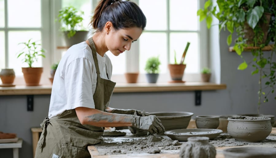 Individual sculpting clay at a well-organized home art therapy workspace with calming decor