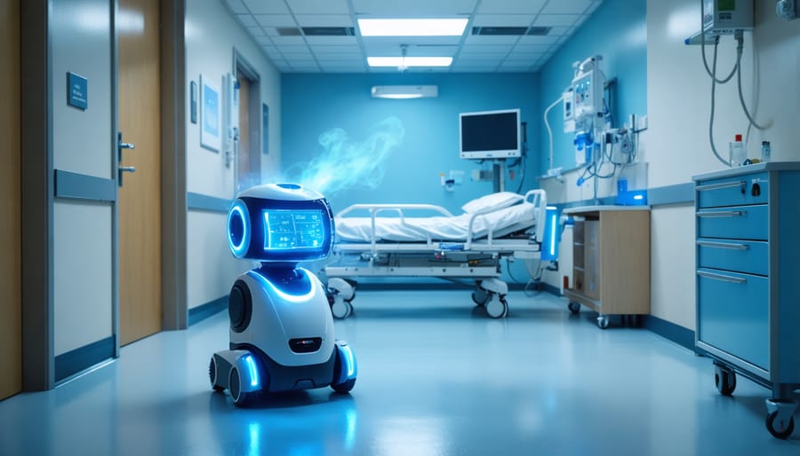 Automated UV-C robot emitting blue light while disinfecting an empty hospital room
