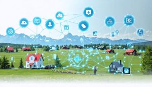 An artistic representation of Alberta's telemedicine network connecting rural and urban populations through digital means, with diverse individuals accessing healthcare services through various devices.