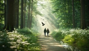 "A therapist and client walking side by side on a tranquil forest path, surrounded by tall trees and bathed in gentle sunlight, symbolizing the healing power of nature-based counseling."