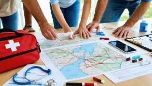 A family preparing their emergency healthcare plan with medical kits, medications, important documents, and a map displayed on a table, indicating readiness for disaster situations.