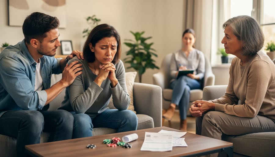 Two people having supportive conversation on park bench in outdoor setting