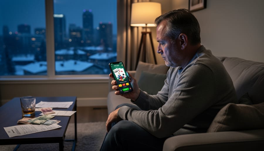 Person using smartphone for online gambling in bedroom at night