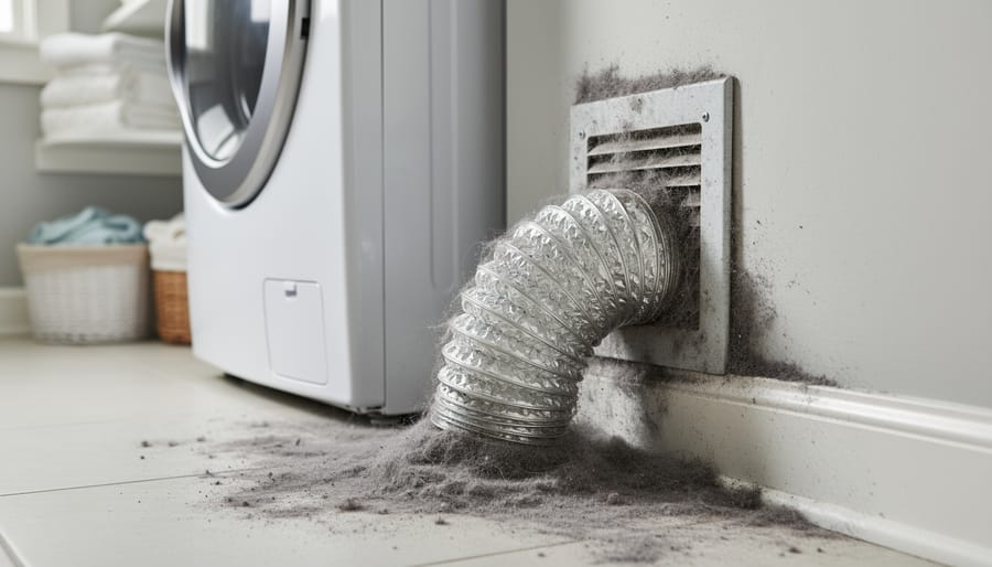 Clogged dryer vent covered with thick gray lint buildup on exterior house wall