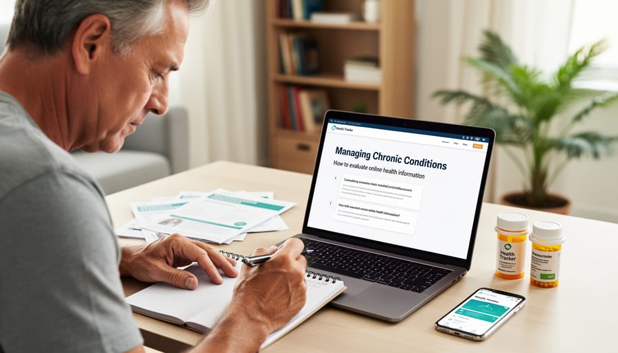 Adult thoughtfully reviewing health information on laptop at home