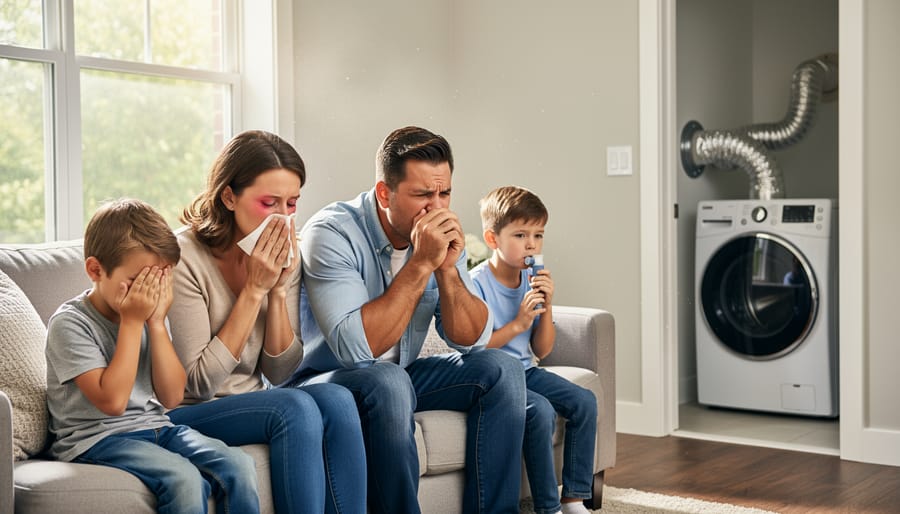 Mother checking on child experiencing respiratory symptoms while sitting on couch at home