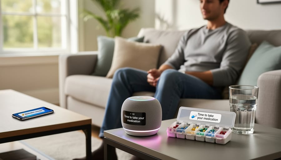 Hands holding medication organizer with smartphone reminder nearby
