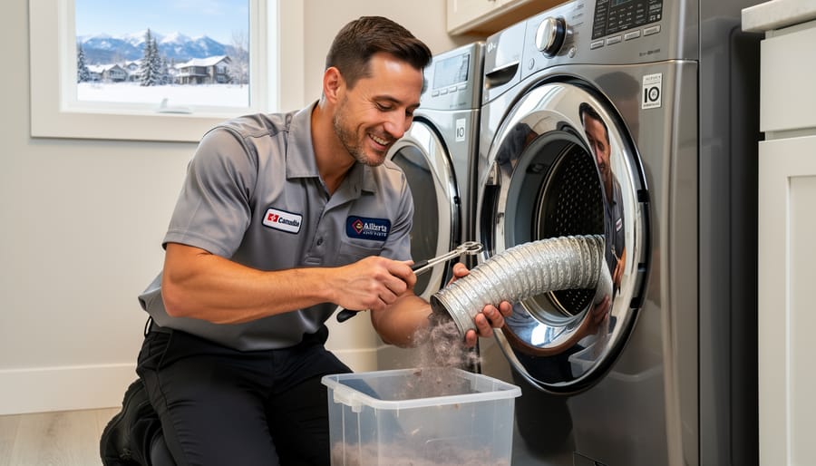 Professional technician inspecting and cleaning dryer vent system with specialized equipment
