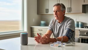 Middle-aged person at a kitchen table speaking to a smart speaker while wearing a blood pressure cuff, with a glucometer and pill organizer on the table, softly lit by morning daylight in a modern home.