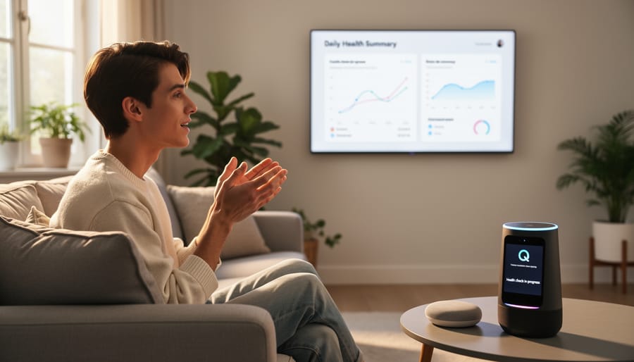 Woman speaking to voice assistant device in home kitchen