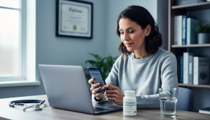 Woman at a home desk comparing health information on a laptop and smartphone, with a stethoscope and pill bottle nearby; soft daylight and blurred screens, bookshelf, and out-of-focus diploma in the background.